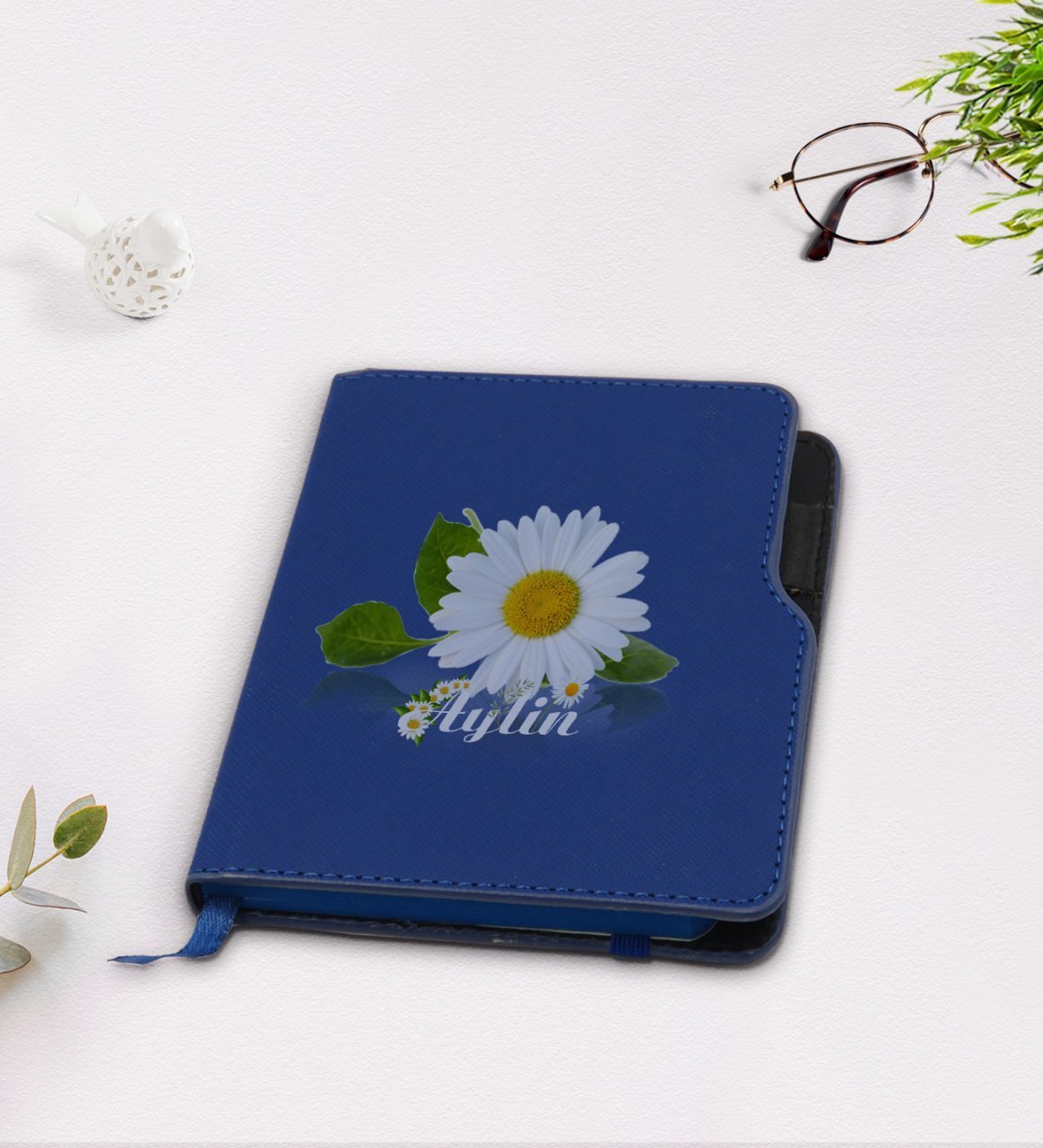 Kişiye Özel Papatya Temalı Lacivert Termo Deri Defter-4