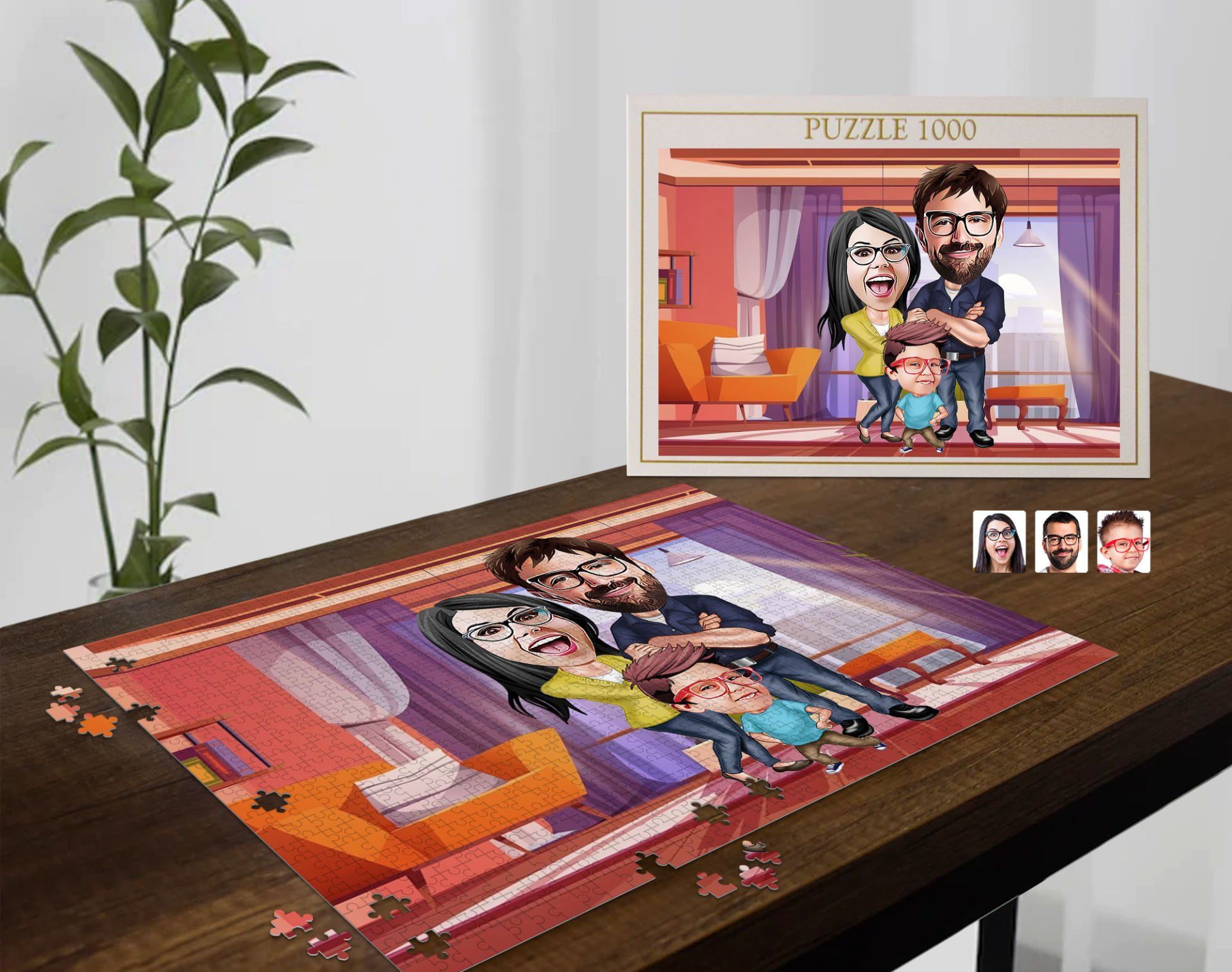 BK Gift Kişiye Özel Aile Tasarımlı 1000 Parça Profesyonel Puzzle, 3'lü  Portre, Aileye Hediye Puzzle-1