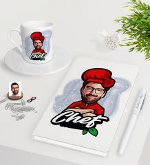 Kişiye Özel Erkek Chef Karikatürlü Beyaz Defter Kalem Türk Kahvesi Fincanı Seti-10