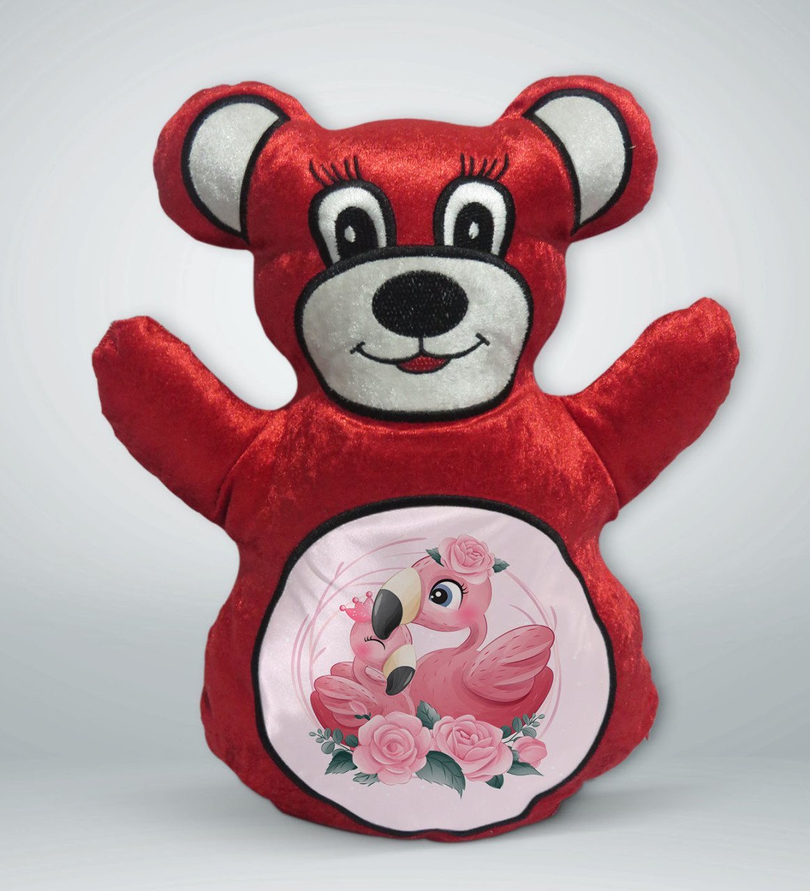 BK Gift Sevimli Flamingolar Tasarımlı Kırmızı Ayıcık Yastık-1