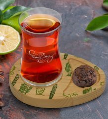Kişiye Özel Kaktüs Tasarımlı Doğal Ahşap Tabaklı Heybeli Çay Bardağı Sunum Seti Model 2