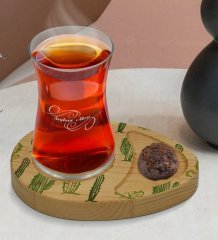 Kişiye Özel Kaktüs Tasarımlı Doğal Ahşap Tabaklı Heybeli Çay Bardağı Sunum Seti Model 2