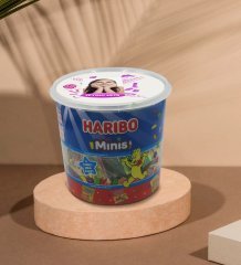 Kişiye Özel İsimli Fotoğraflı Doğum Günü Tasarımlı Dev Boy Haribo Minis Kovası (10gx100adet) Model 21