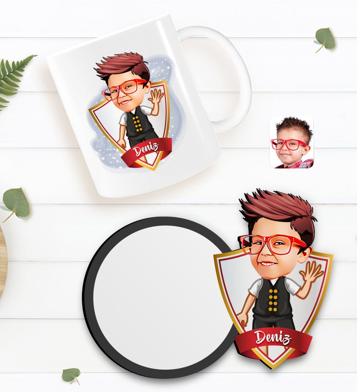 Kişiye Özel Erkek Çocuk Karikatürlü Beyaz Kupa ve Ahşap Bardak Altlığı Hediye Seti-2