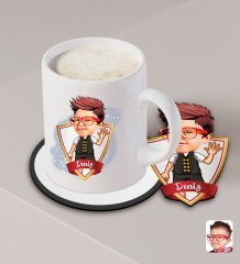 Kişiye Özel Erkek Çocuk Karikatürlü Beyaz Kupa ve Ahşap Bardak Altlığı Hediye Seti-2