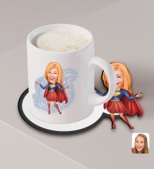 Kişiye Özel Süper Girl Karikatürlü Beyaz Kupa ve Ahşap Bardak Altlığı Hediye Seti-1