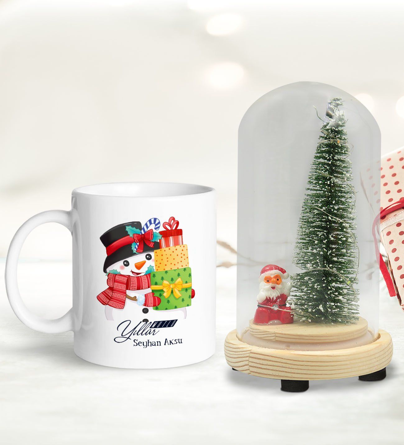 BK Gift Kişiye Özel Yılbaşı Temalı Işıklı Fanus Biblo ve Kupa Hediye Seti-1