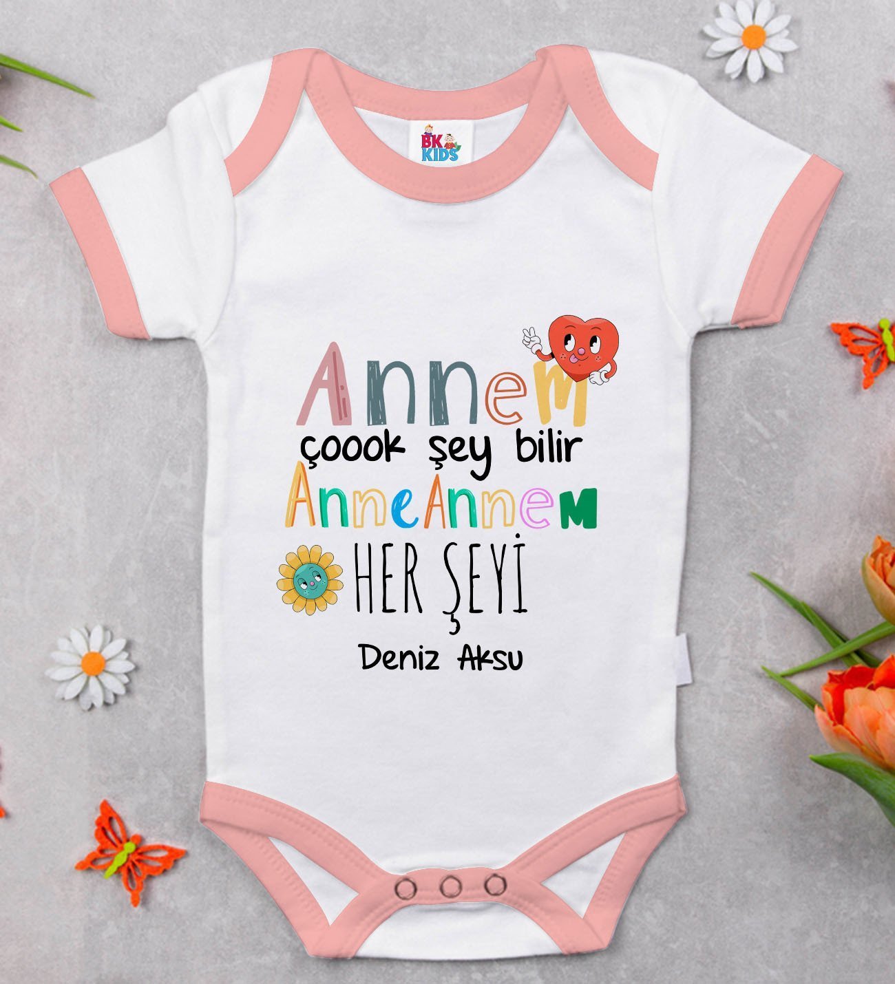 BK Kids Kişiye Özel Pembe Bebek Body Zıbın - Model 74