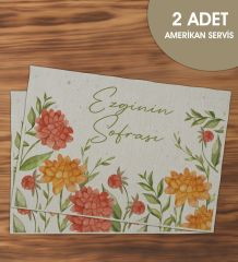 BK Gift Kişiye Özel Çiçek Tasarımlı 2’li Keten Amerikan Servis Seti-4, Ev Hediyesi,Baskılı Servis Bezi, Mutfak Dekoru