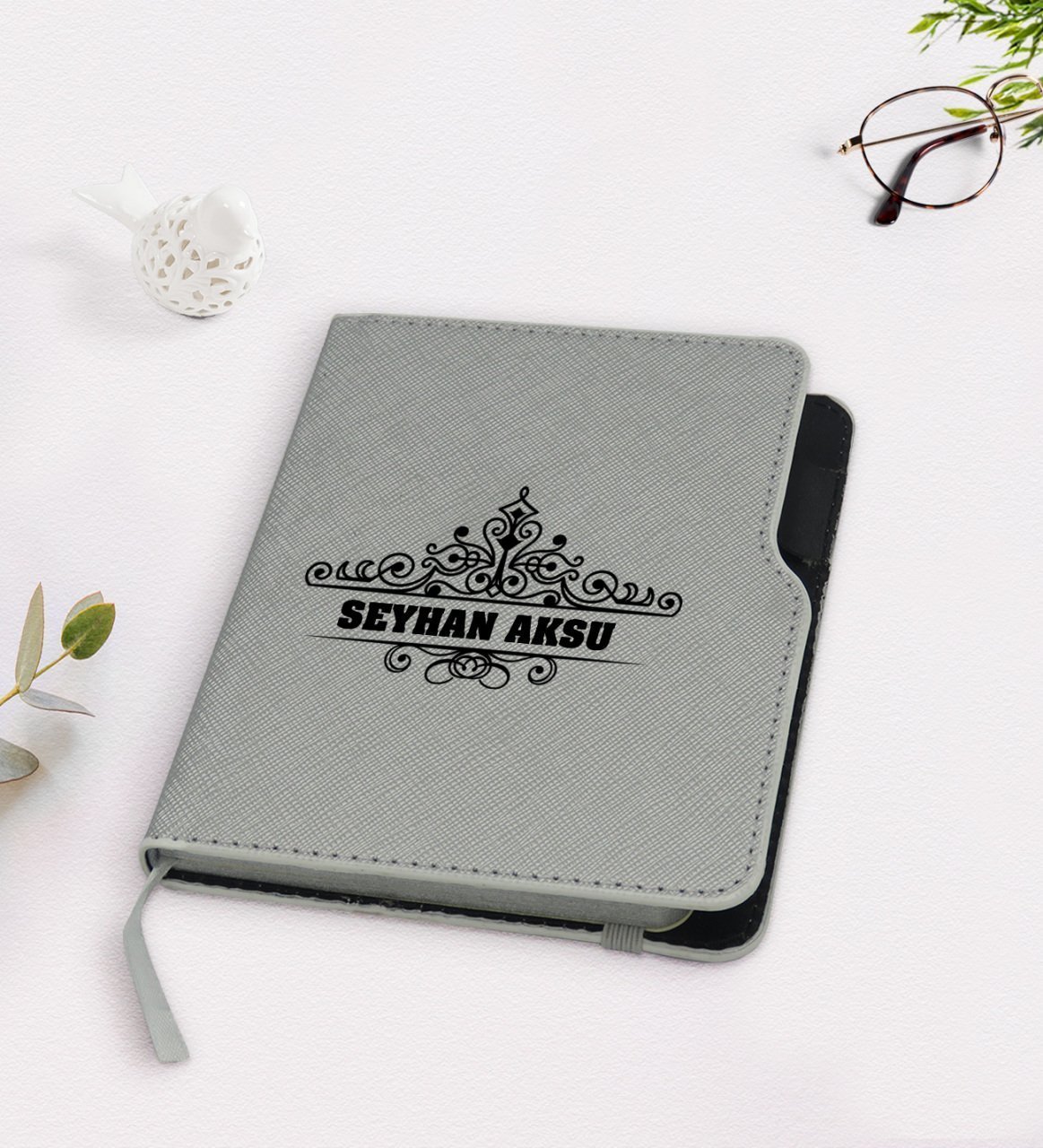 Kişiye Özel İsimli Gri Termo Deri Defter-32