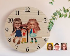Kişiye Özel 3 Kardeş Karikatürlü Otantik Ahşap Palet Saat-1