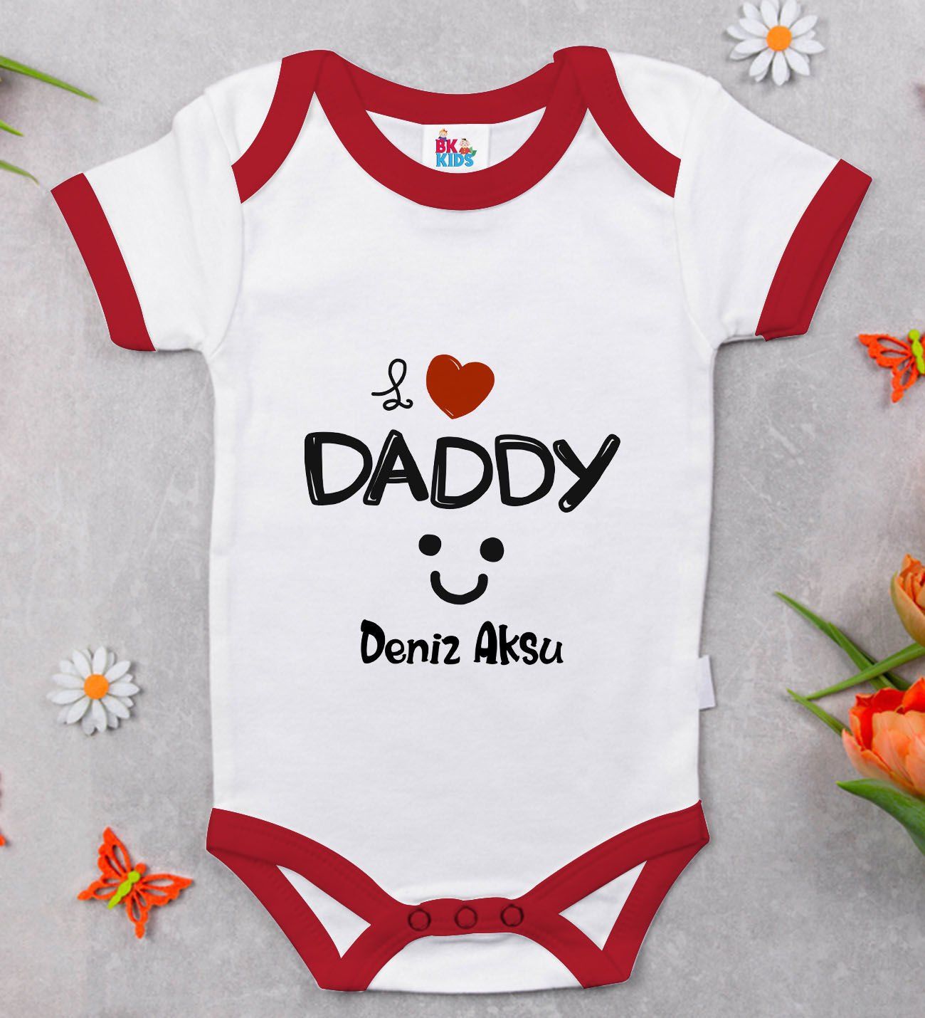BK Kids Kişiye Özel I Love Daddy Tasarımlı Kırmızı Bebek Body Zıbın-1
