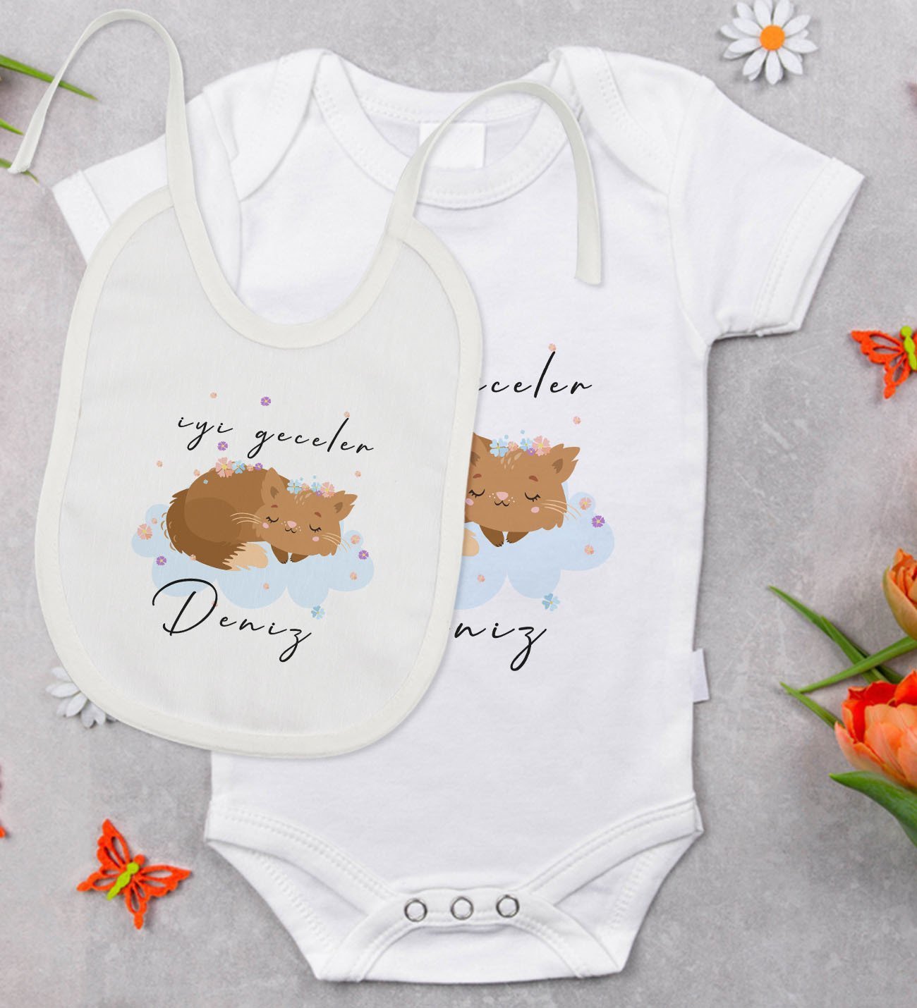 BK Kids Kişiye Özel İyi Geceler Tasarımlı Bebek Body Zıbın ve Mama Önlüğü Hediye Seti - Model 1