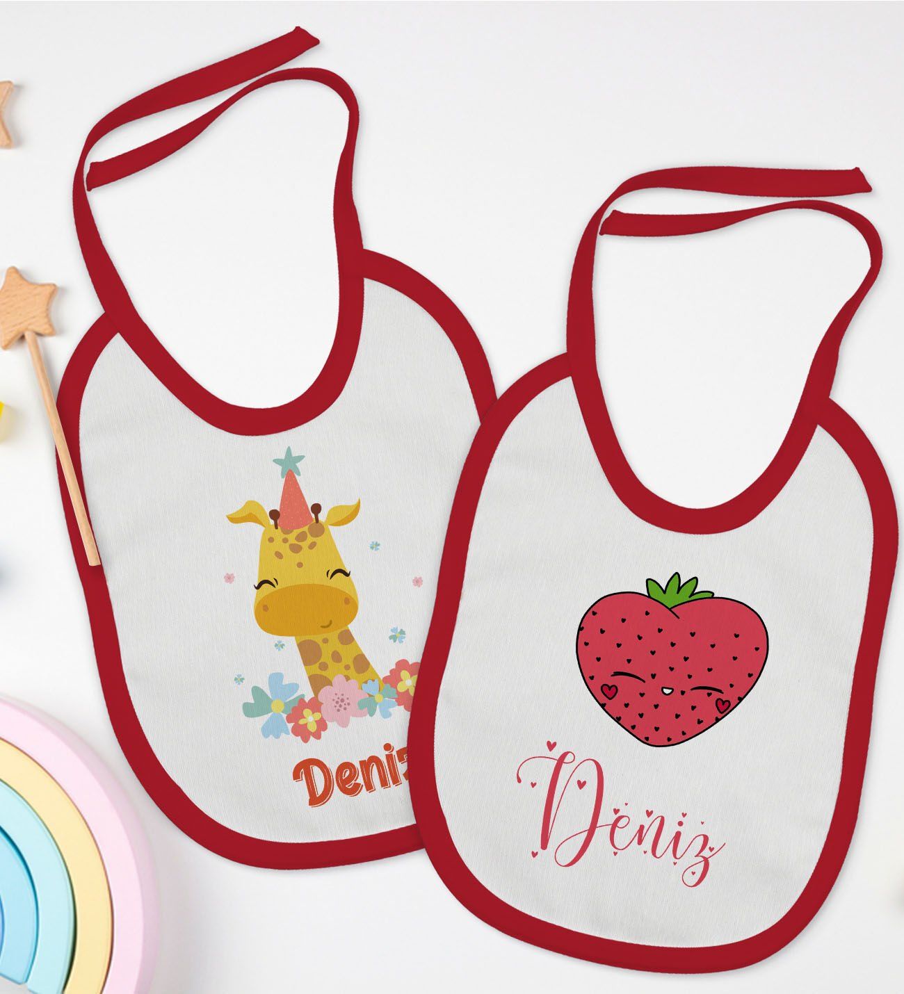 BK Kids Kişiye Özel İsimli 2’li Kırmızı Mama Önlüğü-13