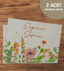 BK Gift Kişiye Özel Çiçek Tasarımlı 2’li Keten Amerikan Servis Seti-3, Ev Hediyesi,Baskılı Servis Bezi, Mutfak Dekoru