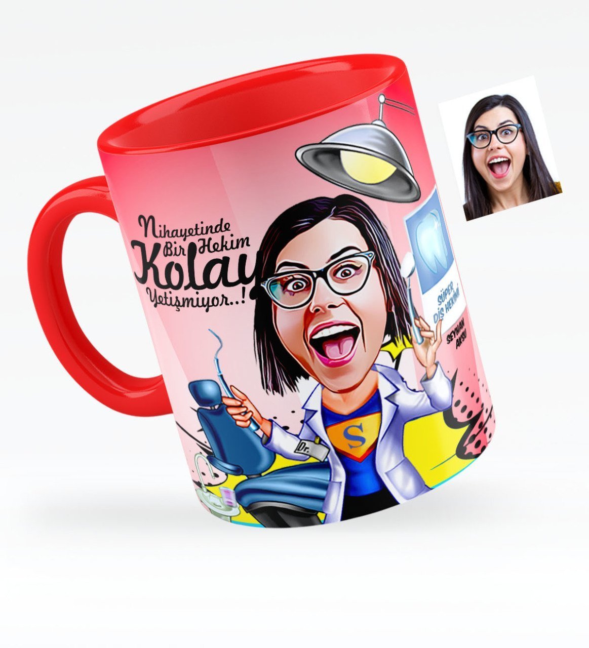 Kişiye Özel Bayan Diş Hekimi Karikatürlü Kırmızı Kupa Bardak - 1