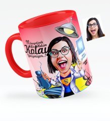 Kişiye Özel Bayan Diş Hekimi Karikatürlü Kırmızı Kupa Bardak - 1