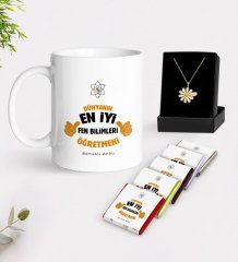 Kişiye Özel Fen Bilimleri Öğretmeni Beyaz Kupa Çikolata ve İsimli Papatya Kolye Hediye Seti-1