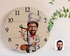 Kişiye Özel Erkek Chef Karikatürlü Otantik Ahşap Palet Saat-1