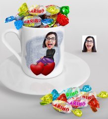 Kişiye Özel Bayan Karikatürlü Türk Kahvesi Fincanı ve Haribo Şeker Hediye Seti-2