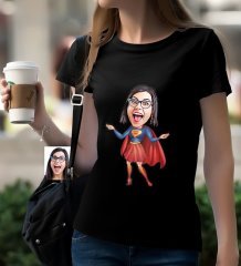 Kişiye Özel Süper Anne Karikatürlü Siyah T-Shirt