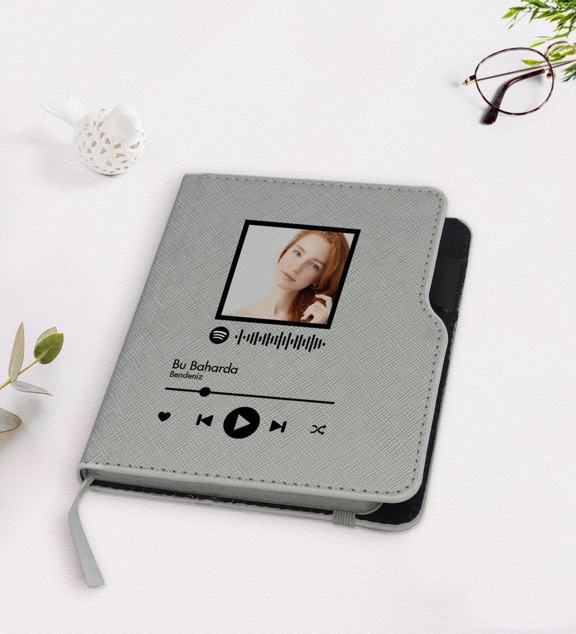 Kişiye Özel Spotify Tasarımlı Gri Termo Deri Defter-1