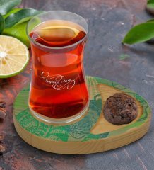 Kişiye Özel Deniz Kabukları Tasarımlı Doğal Ahşap Tabaklı Heybeli Çay Bardağı Sunum Seti Model 1