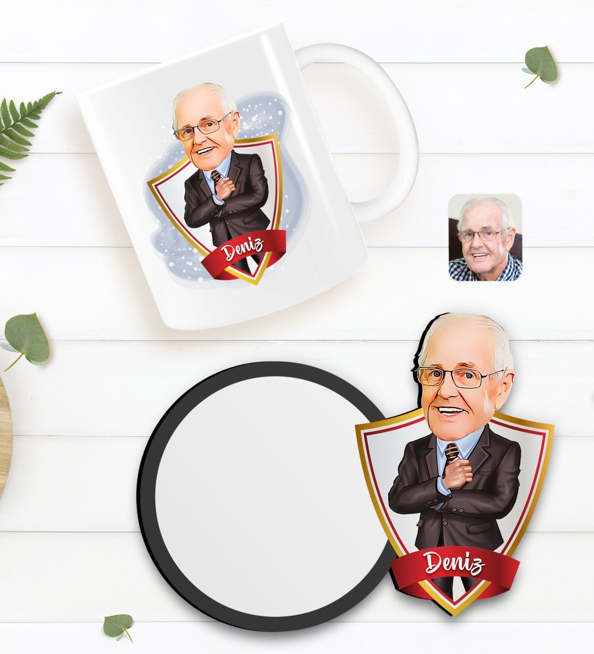 Kişiye Özel Dede Karikatürlü Beyaz Kupa ve Ahşap Bardak Altlığı Hediye Seti-1