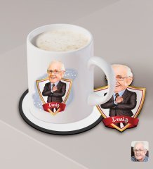 Kişiye Özel Dede Karikatürlü Beyaz Kupa ve Ahşap Bardak Altlığı Hediye Seti-1