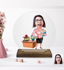 Kişiye Özel Kadın Öğretmen Karikatürlü Yuvarlak Ahşap Standlı Biblo-5