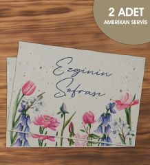 BK Gift Kişiye Özel Çiçek Tasarımlı 2’li Keten Amerikan Servis Seti-2, Ev Hediyesi,Baskılı Servis Bezi, Mutfak Dekoru