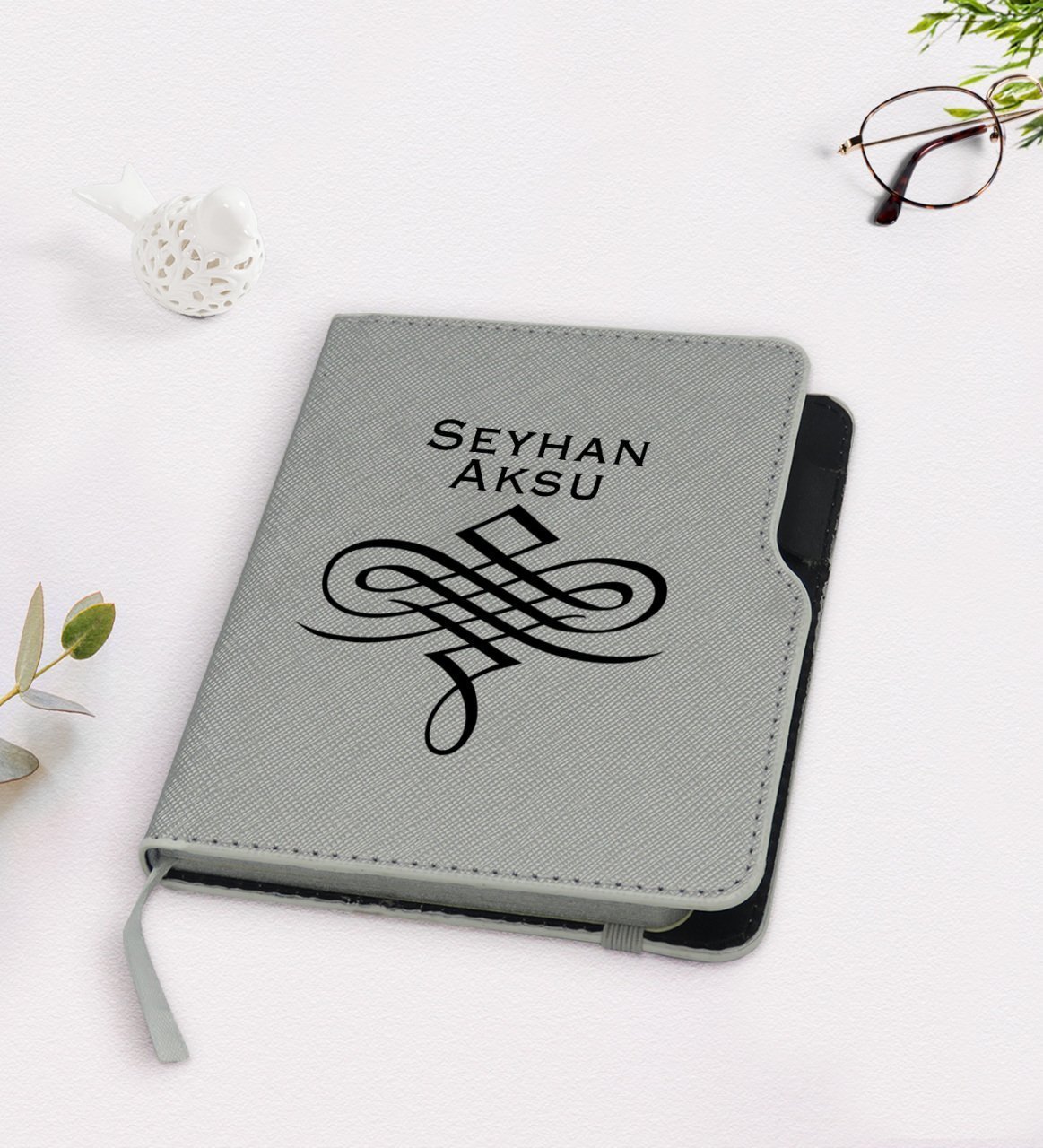 Kişiye Özel İsimli Gri Termo Deri Defter-24