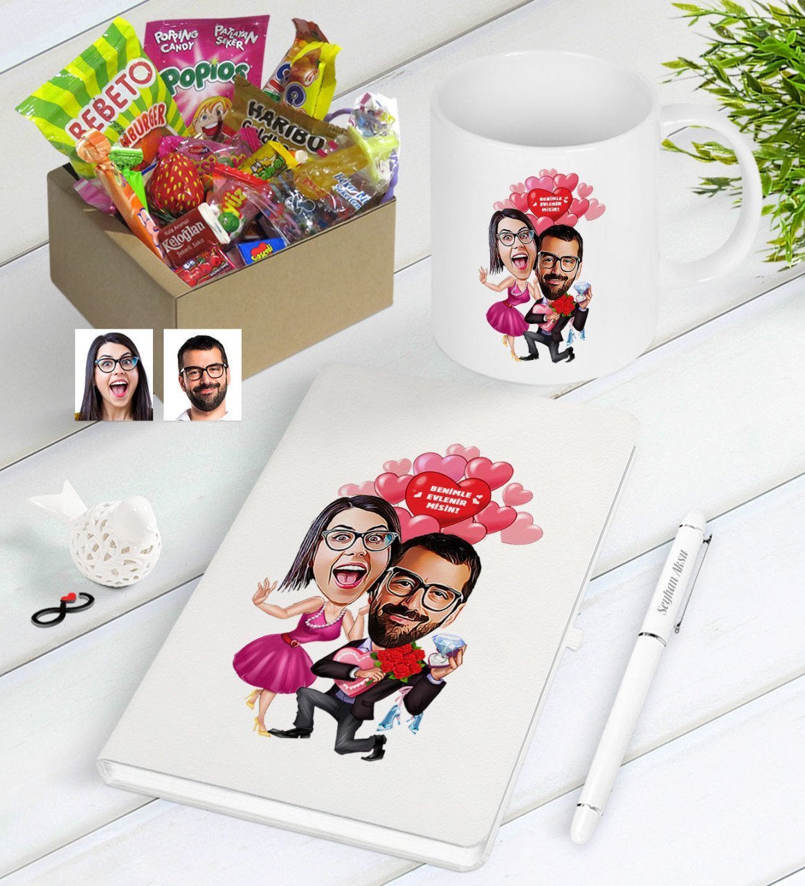 Kişiye Özel Evlilik Teklifi Karikatürlü Nostaljik Lezzetler Defter Kalem Kupa Hediye Seti-2
