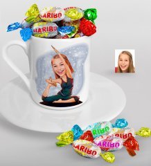 Kişiye Özel Bayan Yoga Karikatürlü Türk Kahvesi Fincanı ve Haribo Şeker Hediye Seti-2