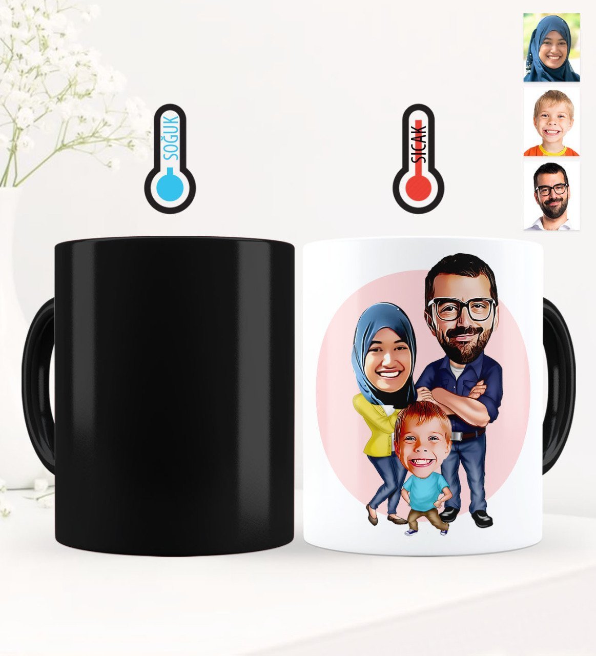 Kişiye Özel Aile Karikatürlü Sihirli Kupa Bardak - 1