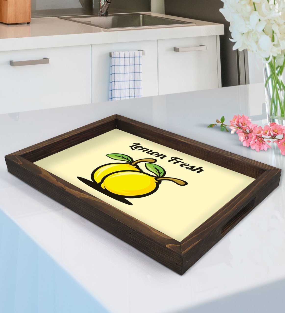 BK Gift Lemon Fresh Tasarımlı Doğal Ahşap Tepsi-1