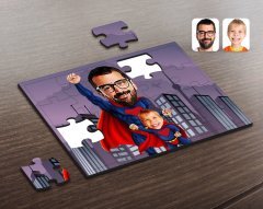 Kişiye Özel Süper Baba ve Çocuk Karikatürlü Ahşap Puzzle-1