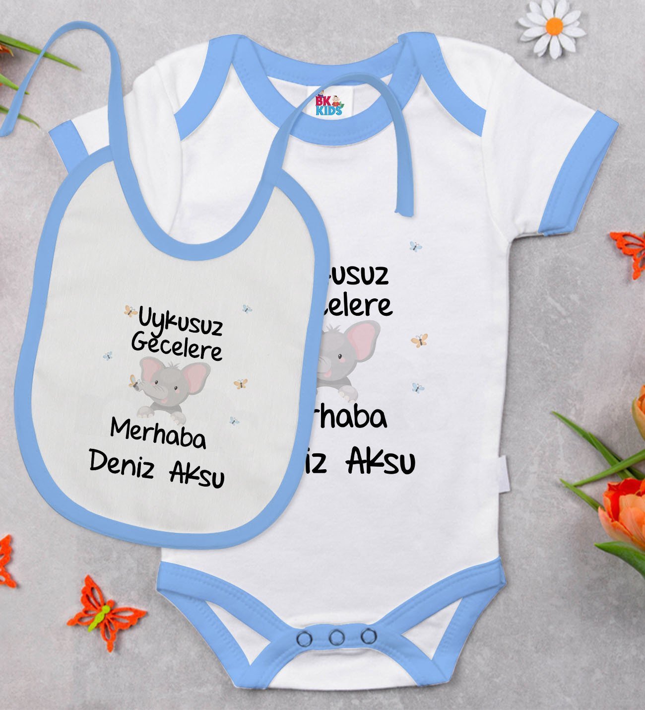 BK Kids Kişiye Özel Uykusuz Gecelere Merhaba Tasarımlı Mavi Bebek Body Zıbın ve Mama Önlüğü Hediye Seti