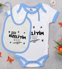 BK Kids Rizeliyim Ne Oldi Tasarımlı Mavi Bebek Body Zıbın ve Mama Önlüğü Hediye Seti-1