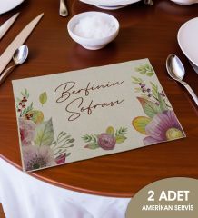 BK Gift Kişiye Özel Çiçek Tasarımlı 2’li Keten Amerikan Servis Seti-1, Ev Hediyesi,Baskılı Servis Bezi, Mutfak Dekoru