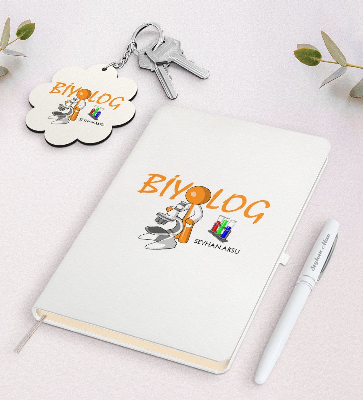 Kişiye Özel Biyolog Beyaz Defter Kalem Ve Anahtarlık Hediye Seti