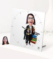 Kişiye Özel Bayan Avukat Karikatürlü Masaüstü Kare Cam Saat - 2