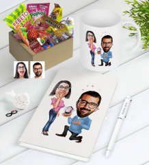 Kişiye Özel Evlilik Teklifi Karikatürlü Nostaljik Lezzetler Defter Kalem Kupa Hediye Seti-1