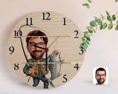 Kişiye Özel Erkek Balıkçı Karikatürlü Otantik Ahşap Palet Saat-1