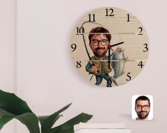 Kişiye Özel Erkek Balıkçı Karikatürlü Otantik Ahşap Palet Saat-1