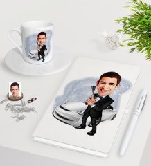 Kişiye Özel Erkek Ajan Karikatürlü Beyaz Defter Kalem Türk Kahvesi Fincanı Seti-1