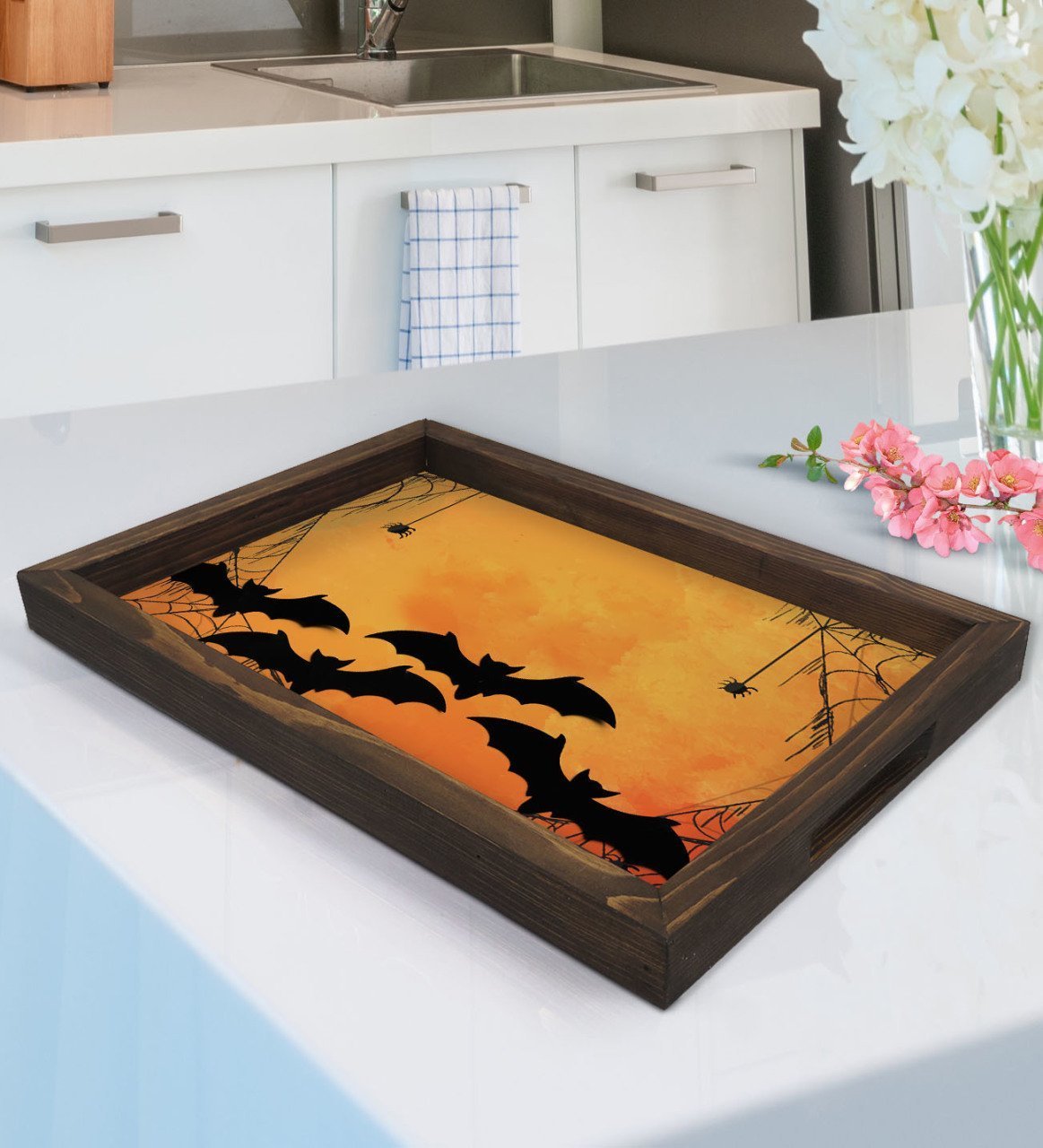 BK Gift Halloween Tasarımlı Doğal Ahşap Tepsi-1