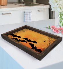 BK Gift Halloween Tasarımlı Doğal Ahşap Tepsi-1