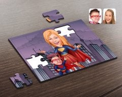 Kişiye Özel Süper Anne ve Çocuk Karikatürlü Ahşap Puzzle-1