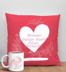 BK Gift Kişiye Özel İsimli Anneler Günü Tasarımlı Kırmızı Kırlent Yastık ve Kupa Seti, Anneye Hediye, Ev Dekorasyonu, Anneler Günü Hediyesi-2